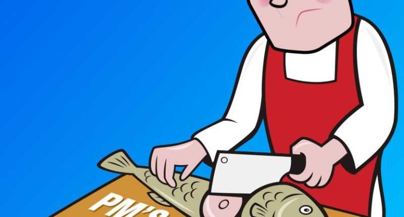 Illustration of a man cutting fish on a cutting board labeled "PM's Flagship Welfare Reforms".
