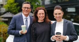 The Late Show host Stephen Colbert, KIND café co-owner Cathie Cottle and Jacinda Ardern