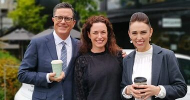 The Late Show host Stephen Colbert, KIND café co-owner Cathie Cottle and Jacinda Ardern