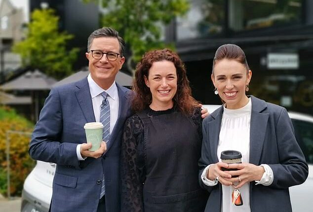 The Late Show host Stephen Colbert, KIND café co-owner Cathie Cottle and Jacinda Ardern