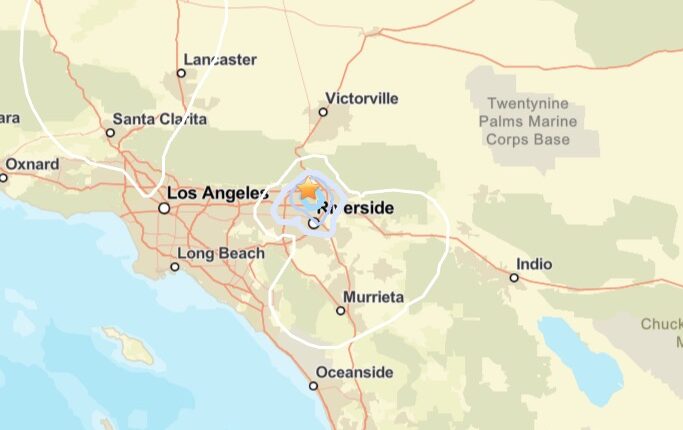 Map showing the location of Riverside, California and surrounding areas.