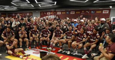 Can you spot the famous royal couple in this picture who were invited to join Queensland's State of Origin dressing room party as special guests of friend Billy Slater?