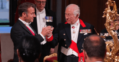 King Charles III and Emmanuel Macron toasting.