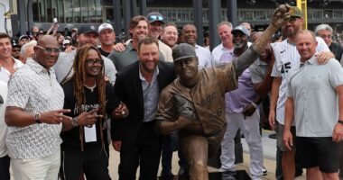 Chicago White Sox unveil statue of ace pitcher Mark Buehrle at Rate Field for 2005 World Series championship reunion weekend