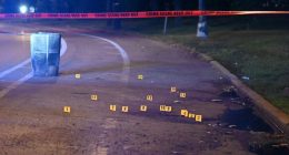 Crime scene with numbered markers.