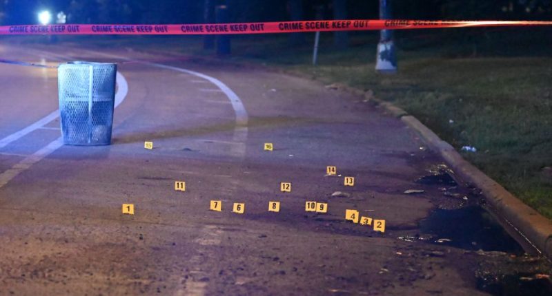 Crime scene with numbered markers.
