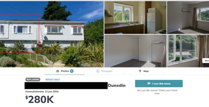 Collage of photos showing a house for sale in Dunedin, New Zealand.