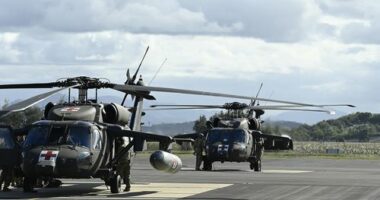 Blackhawk helicopters are seen at the Townsville airport as part of exercise 'Talisman Sabre 23' on July 27, 2023 in Townsville, Australia.