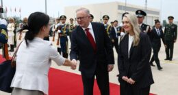 Prime Minister Anthony Albanese and his fiancÃ©e Jodie Haydon depart for Chengdu at Beijing Capital International Airport, China on July 16, 2025. Photo: Dominic Lorrimer