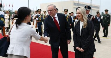 Prime Minister Anthony Albanese and his fiancÃ©e Jodie Haydon depart for Chengdu at Beijing Capital International Airport, China on July 16, 2025. Photo: Dominic Lorrimer