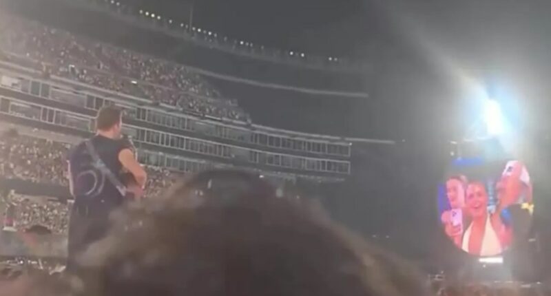 Screenshot of Chris Martin asking a couple if they are legitimate at a Coldplay concert.