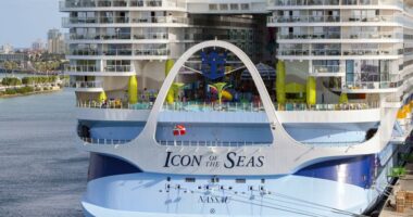 Rear view of the Icon of the Seas cruise ship in Miami.