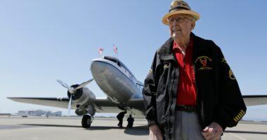 A D-Day veteran and a pilot holding hands.