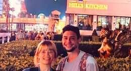 Family in front of Hell's Kitchen restaurant in Las Vegas.