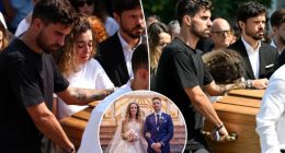 Diogo Jota's wife Rute Cardoso helps carry coffin at funeral