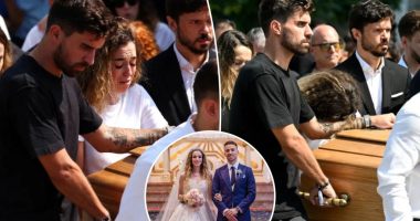 Diogo Jota's wife Rute Cardoso helps carry coffin at funeral