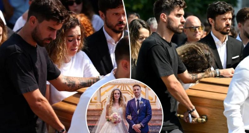 Diogo Jota's wife Rute Cardoso helps carry coffin at funeral