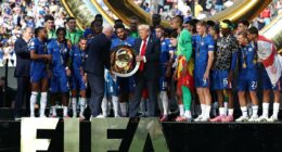 Donald Trump bizarrely gatecrashes Chelsea's Club World Cup trophy lift to leave unimpressed Cole Palmer appearing to utter a three-word response