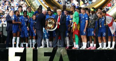 Donald Trump bizarrely gatecrashes Chelsea's Club World Cup trophy lift to leave unimpressed Cole Palmer appearing to utter a three-word response