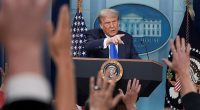 Donald Trump talks to media last month