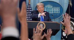 Donald Trump talks to media last month