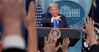 Donald Trump talks to media last month