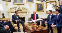 U.S. President Donald Trump, flanked by Vice President JD Vance and U.S. Secretary of State Marco Rubio, meets with NATO Secretary General Mark Rutte in the Oval Office at the White House in Washington, D.C., U.S., July 14, 2025.