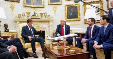 U.S. President Donald Trump, flanked by Vice President JD Vance and U.S. Secretary of State Marco Rubio, meets with NATO Secretary General Mark Rutte in the Oval Office at the White House in Washington, D.C., U.S., July 14, 2025.