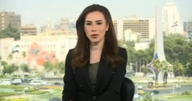 News anchor sitting in front of a window overlooking a city.