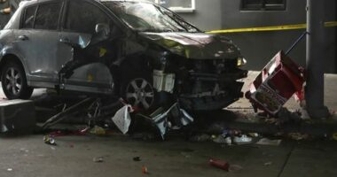 A driver rammed into a crowd of people waiting to enter a nightclub along a busy boulevard in Los Angeles