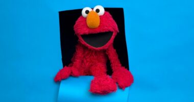 Elmo peeking through a hole in a blue background.