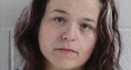 Mugshot of a woman with long brown and blonde hair.