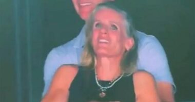Andy Byron and Kristin Cabot embracing at a Coldplay concert.
