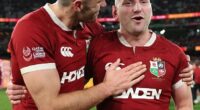 Blair Kinghorn and Finn Russell celebrate at full time after the win in Melbourne