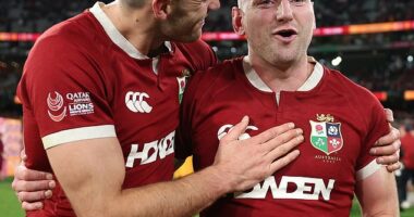 Blair Kinghorn and Finn Russell celebrate at full time after the win in Melbourne