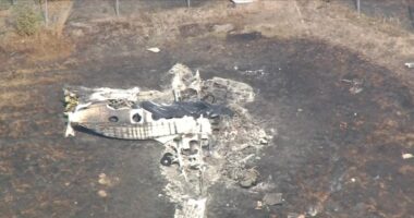 Aerial view of a burned-out airplane at London Southend Airport.