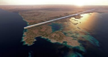 (FILES) This file handout photo provided by Saudi Arabia's NEOM on July 26, 2022 shows the design plan for the 500-metre tall parallel structures, known collectively as The Line, in the heart of the Red Sea megacity NEOM. - Saudi Arabia was chosen to host the 2029 Asian Winter Games at a $500 billion futuristic megacity in the desert that planners say will feature a year-round winter sports complex. The Saudi bid was "unanimously approved", the statement said, noting that the megacity known as NEOM will be the first West Asian city to host the event. (Photo by NEOM / AFP) / RESTRICTED TO EDITORIAL USE - MANDATORY CREDIT "AFP PHOTO / NEOM" - NO MARKETING - NO ADVERTISING CAMPAIGNS - DISTRIBUTED AS A SERVICE TO CLIENTS (Photo by -/NEOM/AFP via Getty Images)