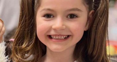Smiling girl with pigtails.