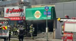 Firefighters responding to a fire at Singas Famous Pizza.