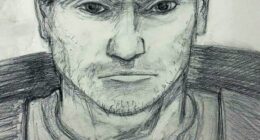 Composite sketch of a man in a baseball cap, person of interest in a double homicide investigation.