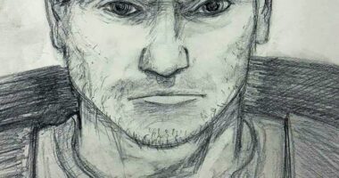 Composite sketch of a man in a baseball cap, person of interest in a double homicide investigation.