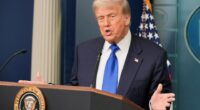 President Donald Trump speaking at a podium.