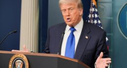 President Donald Trump speaking at a podium.