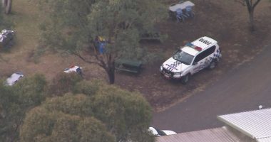 Aerial view of a police vehicle at a zoo after a reported attack.