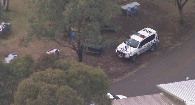 Aerial view of a police vehicle at a zoo after a reported attack.
