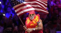 Hulk Hogan waves and American flag before Republican presidential nominee former President Donald Trump at a campaign rally at Madison Square Garden, Sunday, Oct. 27, 2024, in New York. (AP Photo/Evan Vucci)