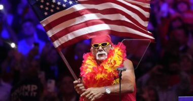 Hulk Hogan waves and American flag before Republican presidential nominee former President Donald Trump at a campaign rally at Madison Square Garden, Sunday, Oct. 27, 2024, in New York. (AP Photo/Evan Vucci)