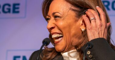 Kamala Harris laughing at a podium.