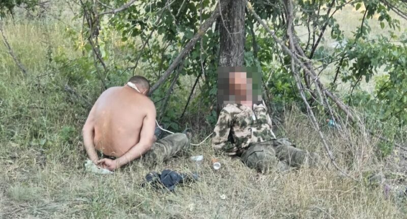 Two bound men sitting under a tree.