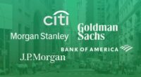 Logos of Citi Group, Morgan Stanley, Goldman Sachs, Bank of America and JPMorgan in Wall Street Manhattan background